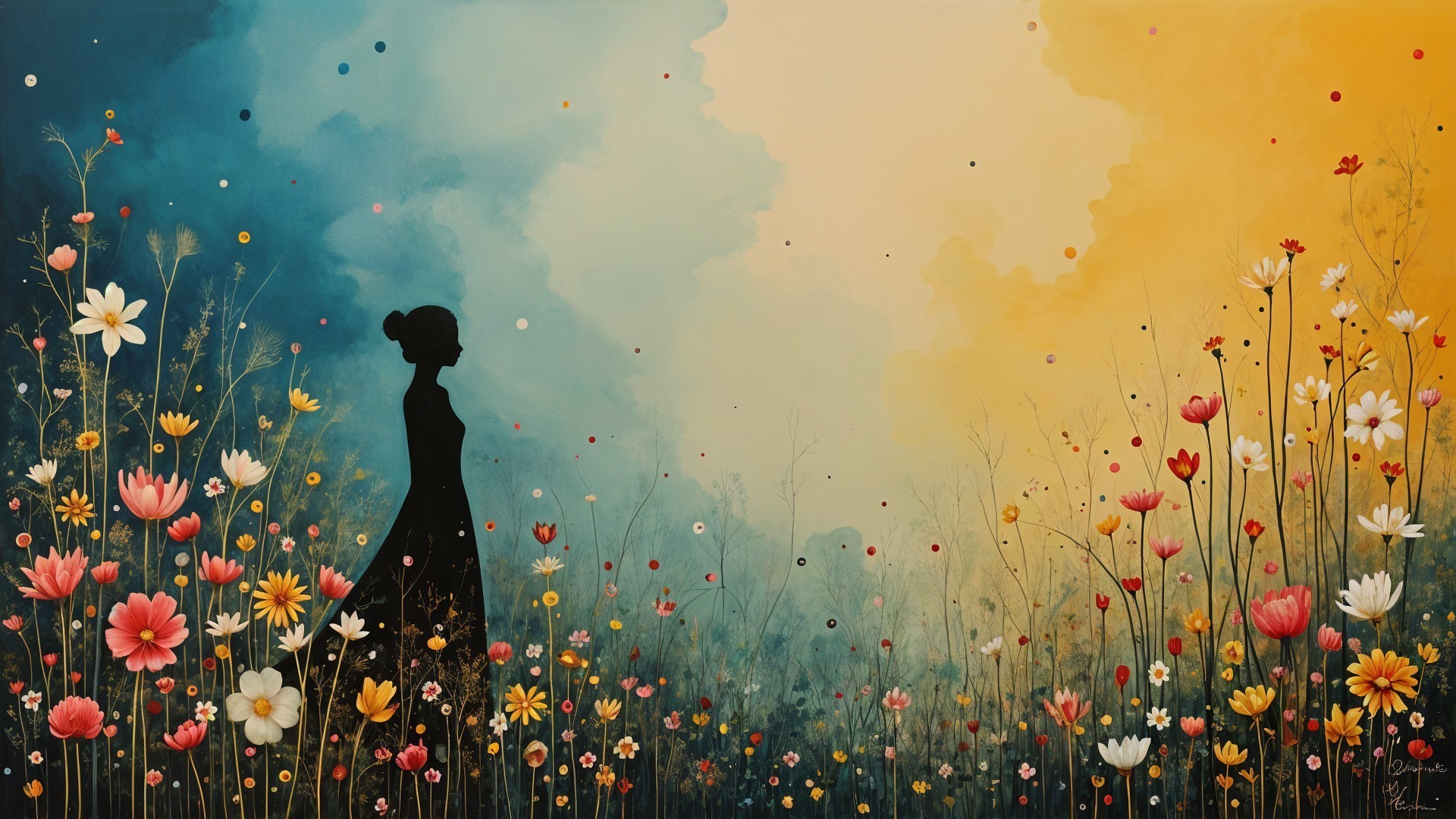 Silhouette of a Woman in a Colorful Flower Field