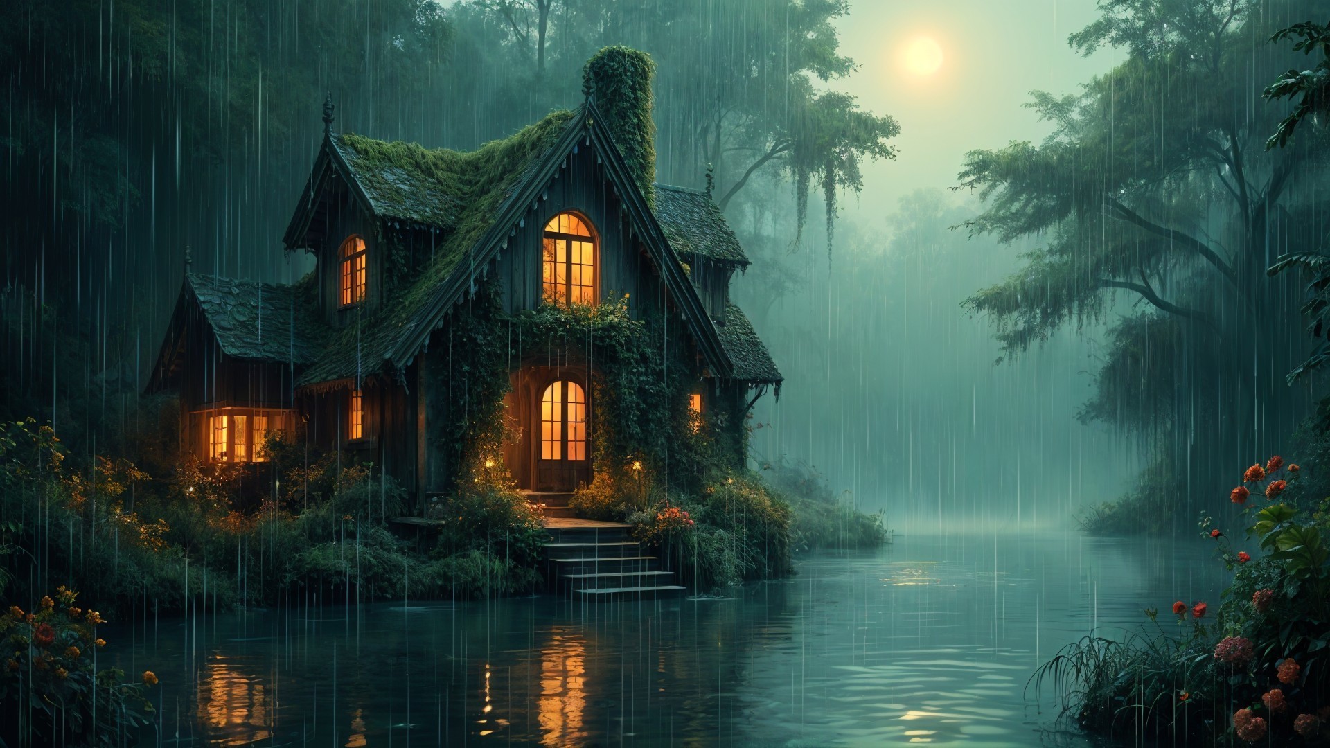 Ivy-Covered Cottage by a Misty Lake at Night