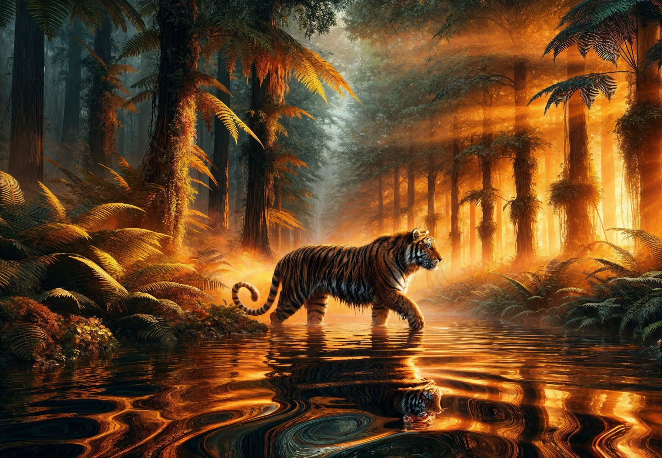Tiger in Serene Forest Water Scene with Sunlight