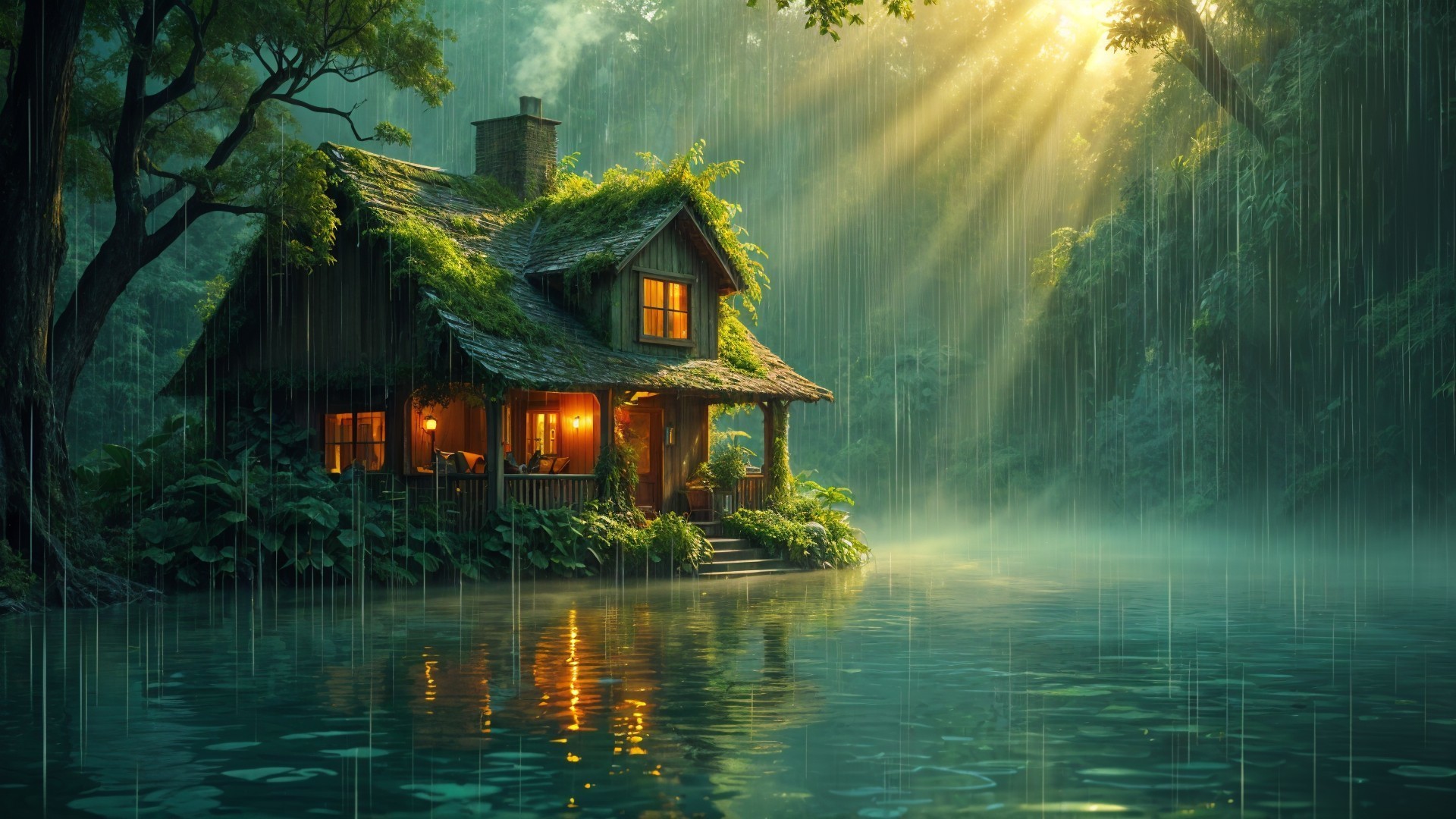 Moss-Covered Cottage by Tranquil Lake in Misty Landscape