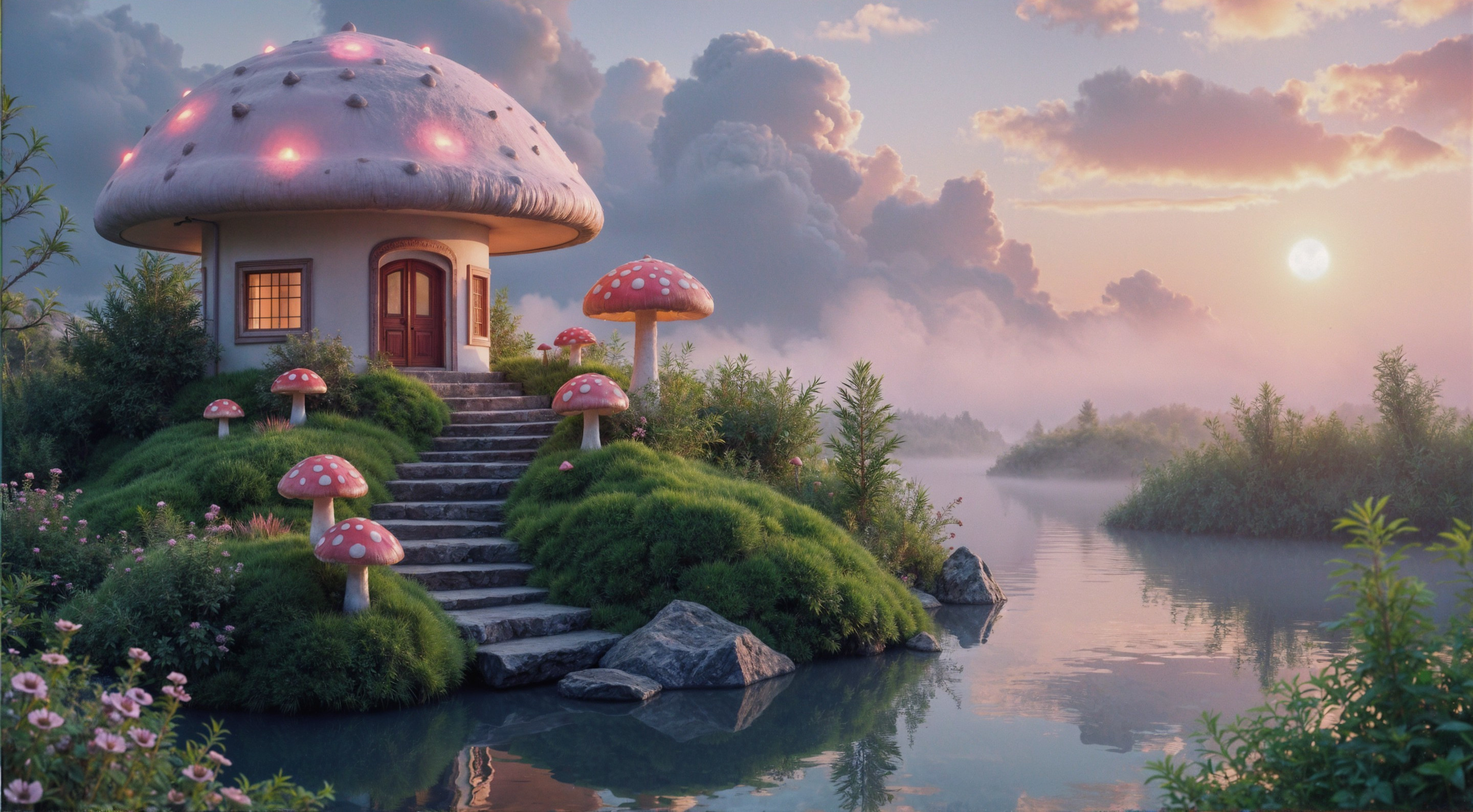 Mushroom-Shaped House by a Tranquil Lake at Sunset