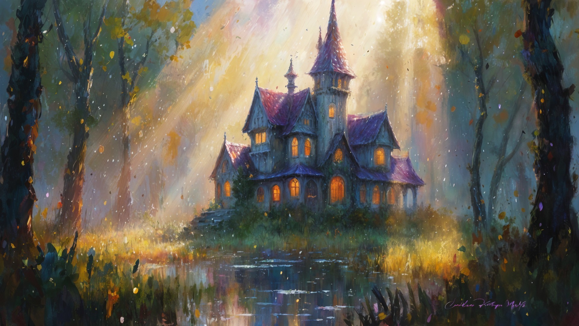 Whimsical House by Serene Pond in Golden Light