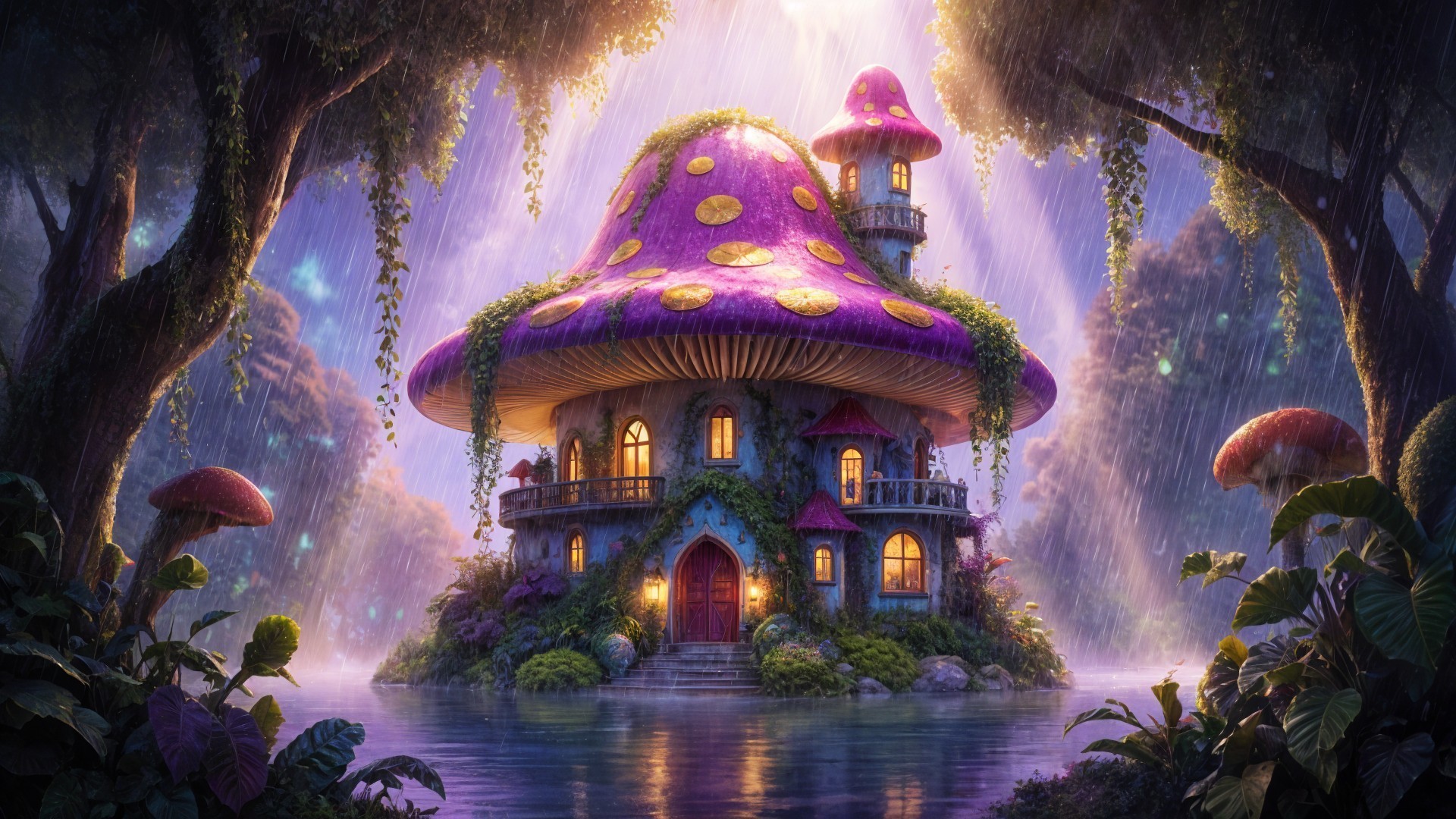 Whimsical Mushroom-Shaped Cottage by Serene Water