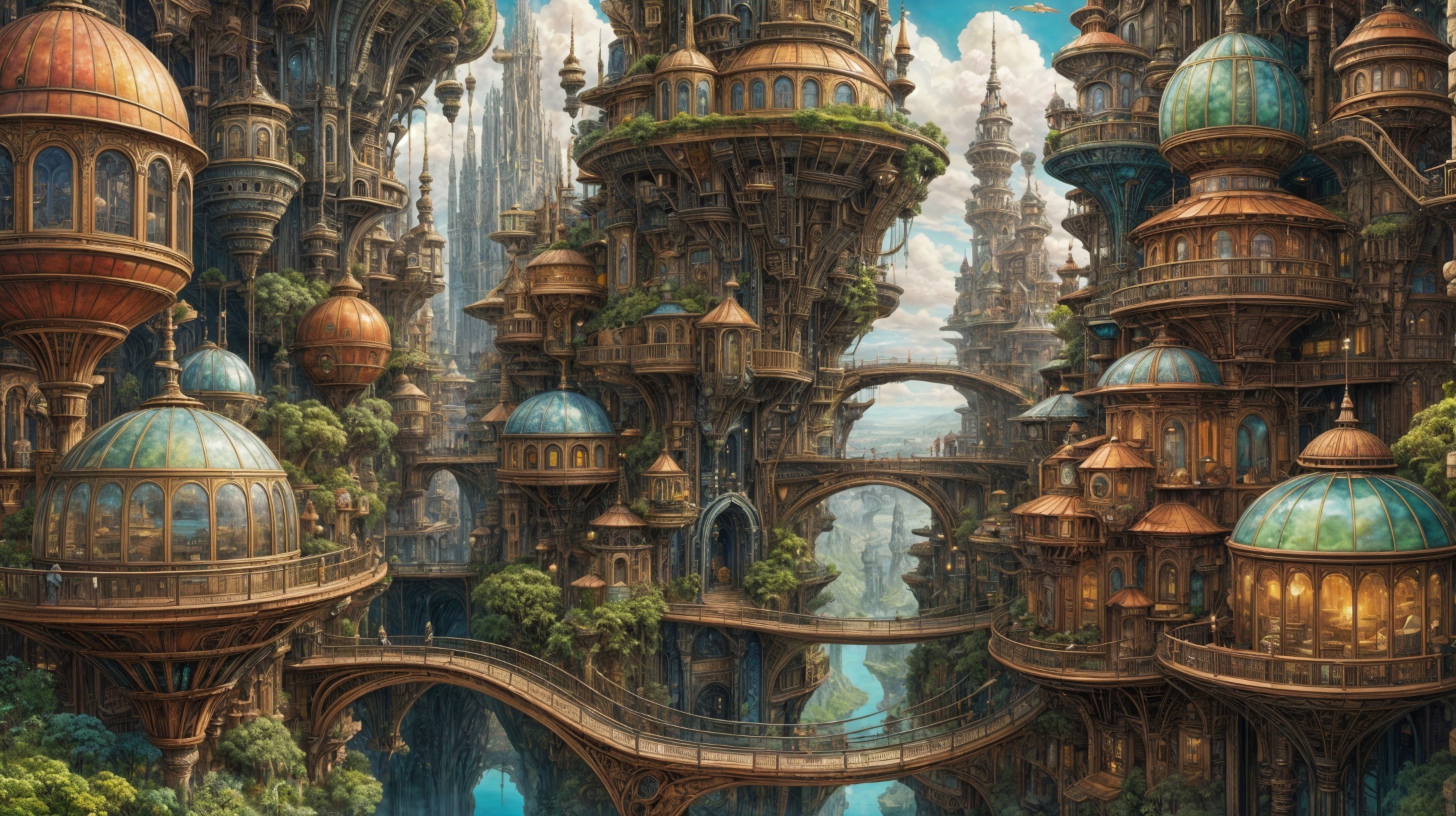 Fantastical cityscape with vibrant structures and greenery