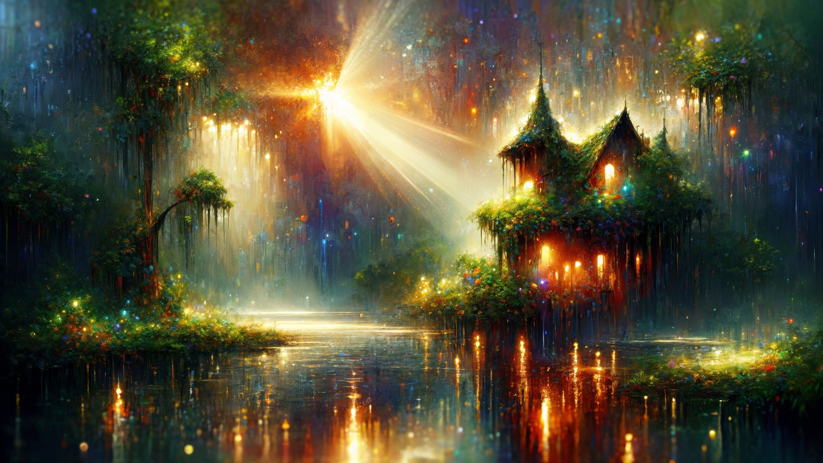 Enchanted Forest with Cottage Under Starlit Sky