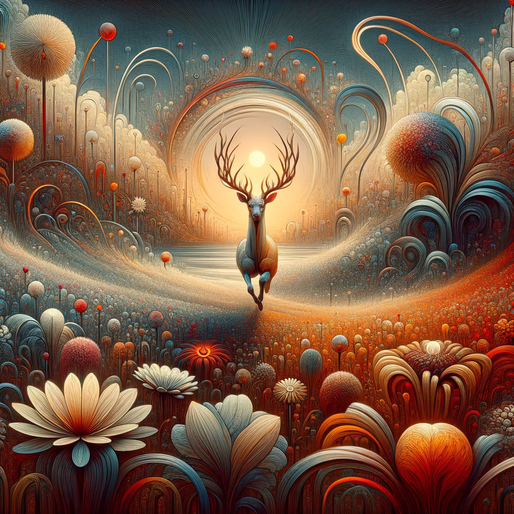 Majestic deer in a whimsical flower-filled landscape