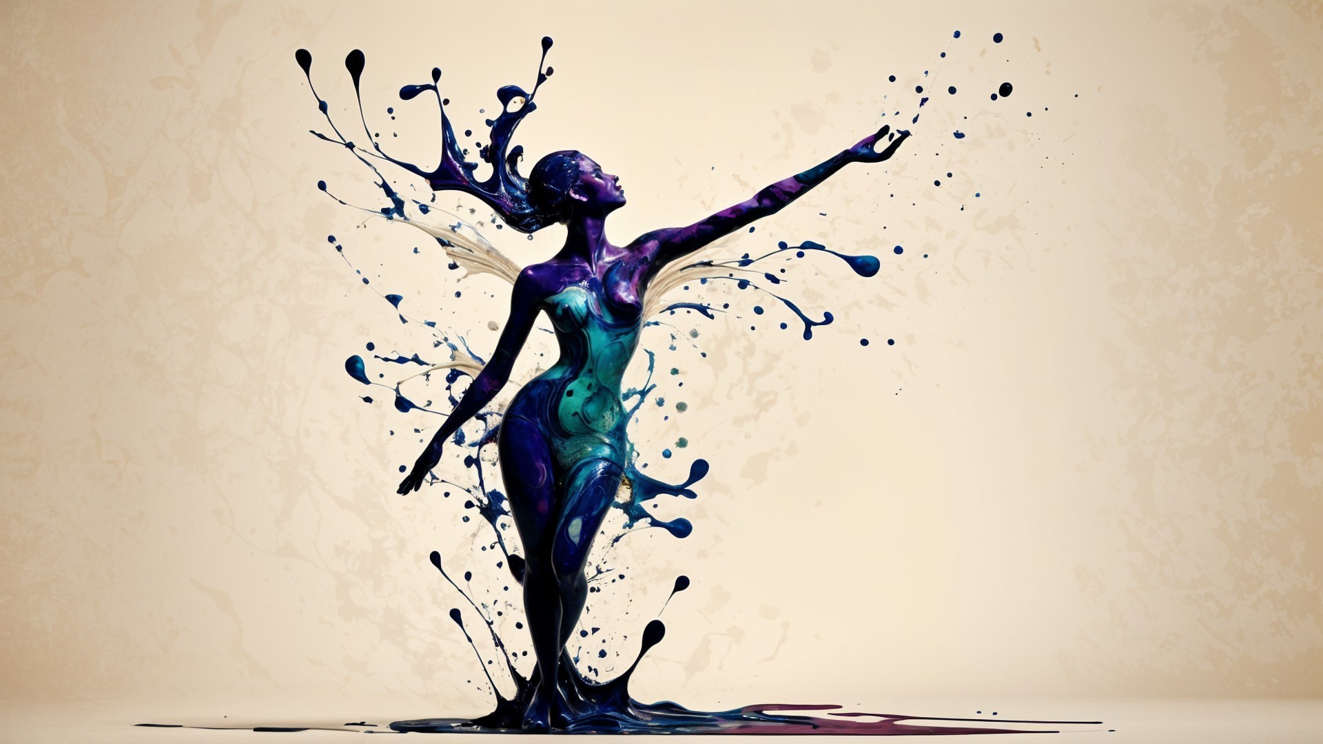 Woman in Dynamic Pose Amidst Vibrant Paint Splashes