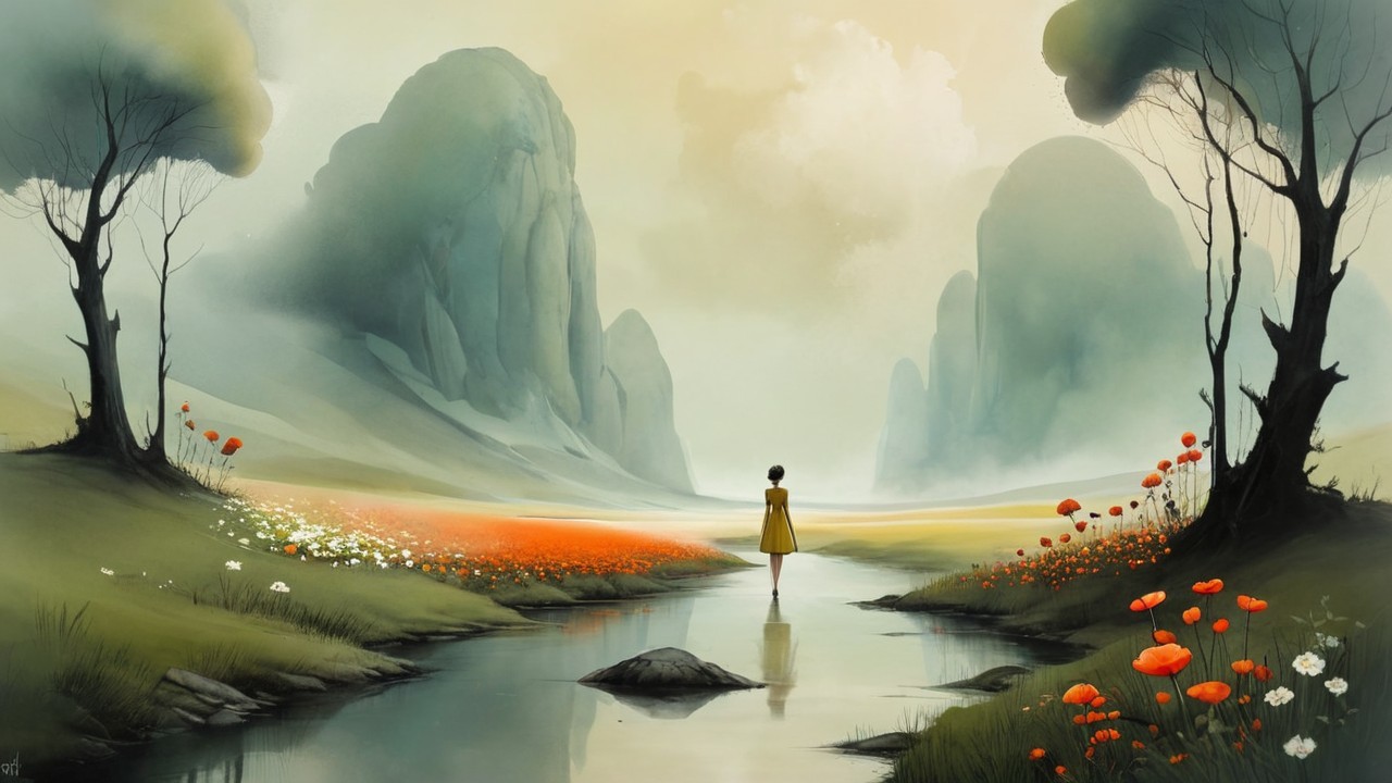 Serene Landscape with Hills and Vibrant Flowers