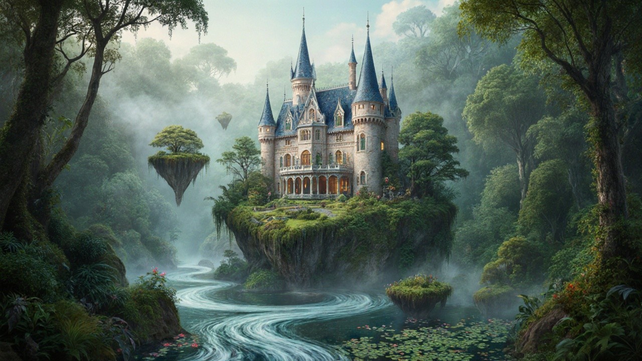 Whimsical Castle on a Lush Green Island Landscape