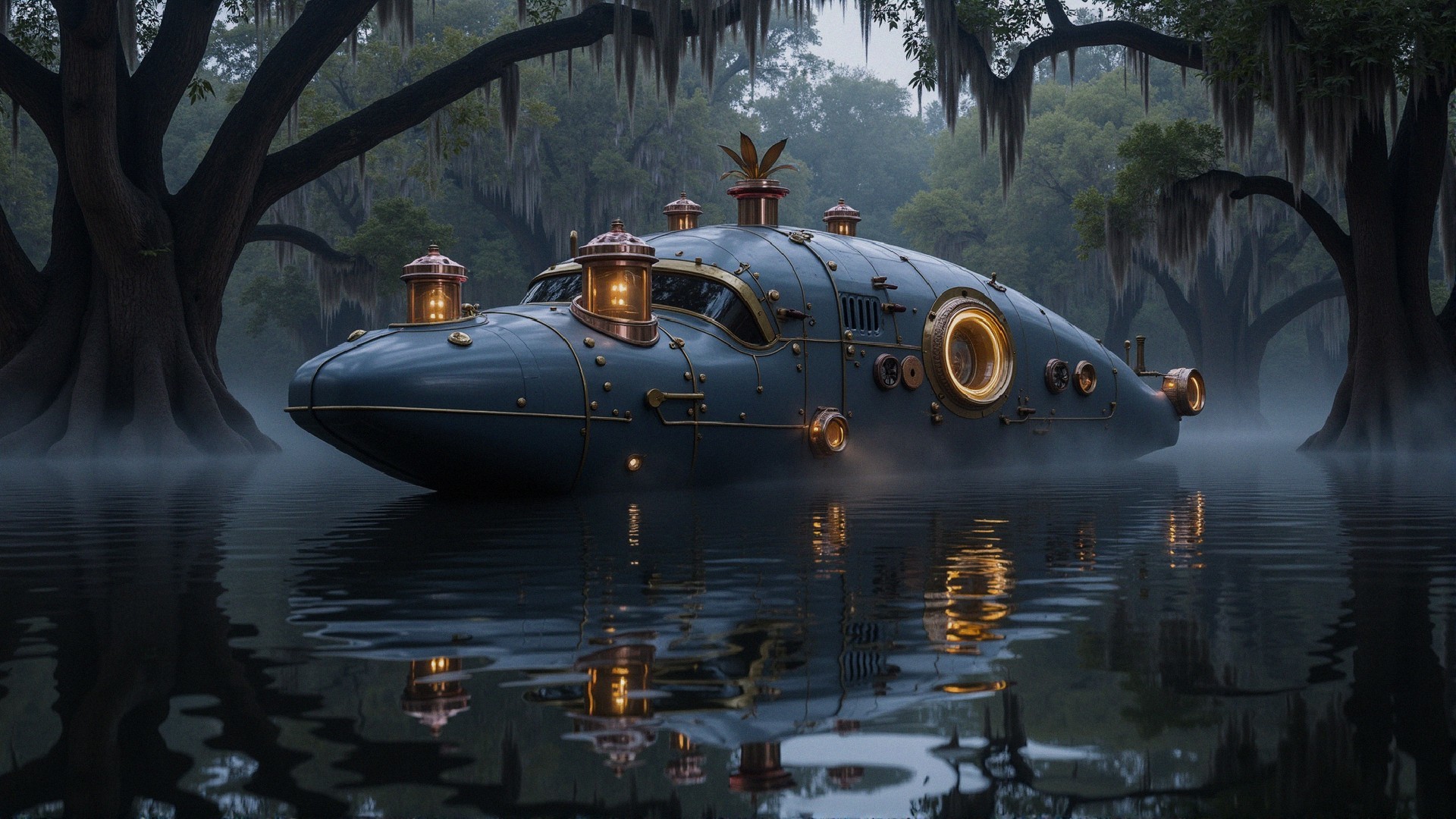 Vintage submarine on a misty river with trees