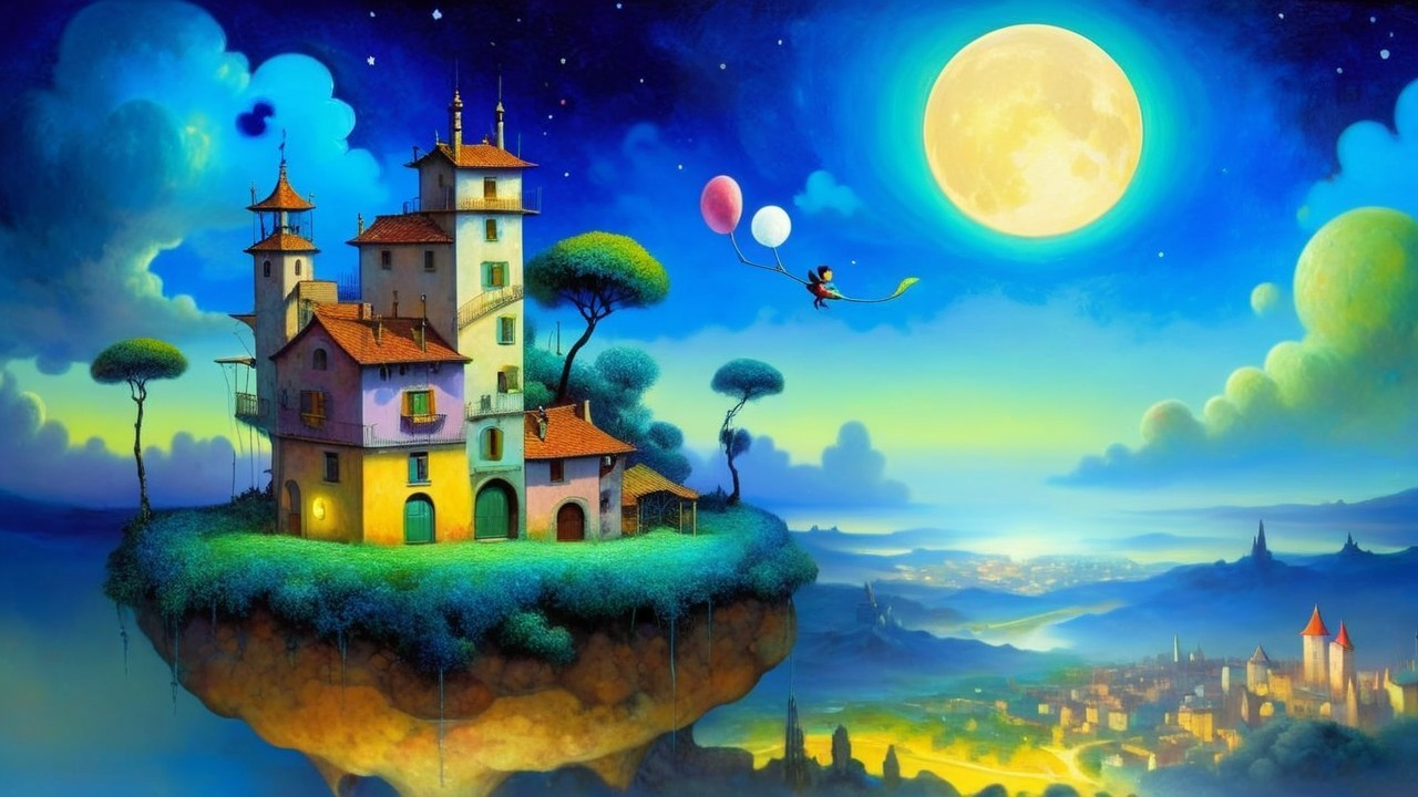 Whimsical Floating Castle on a Lush Island at Night