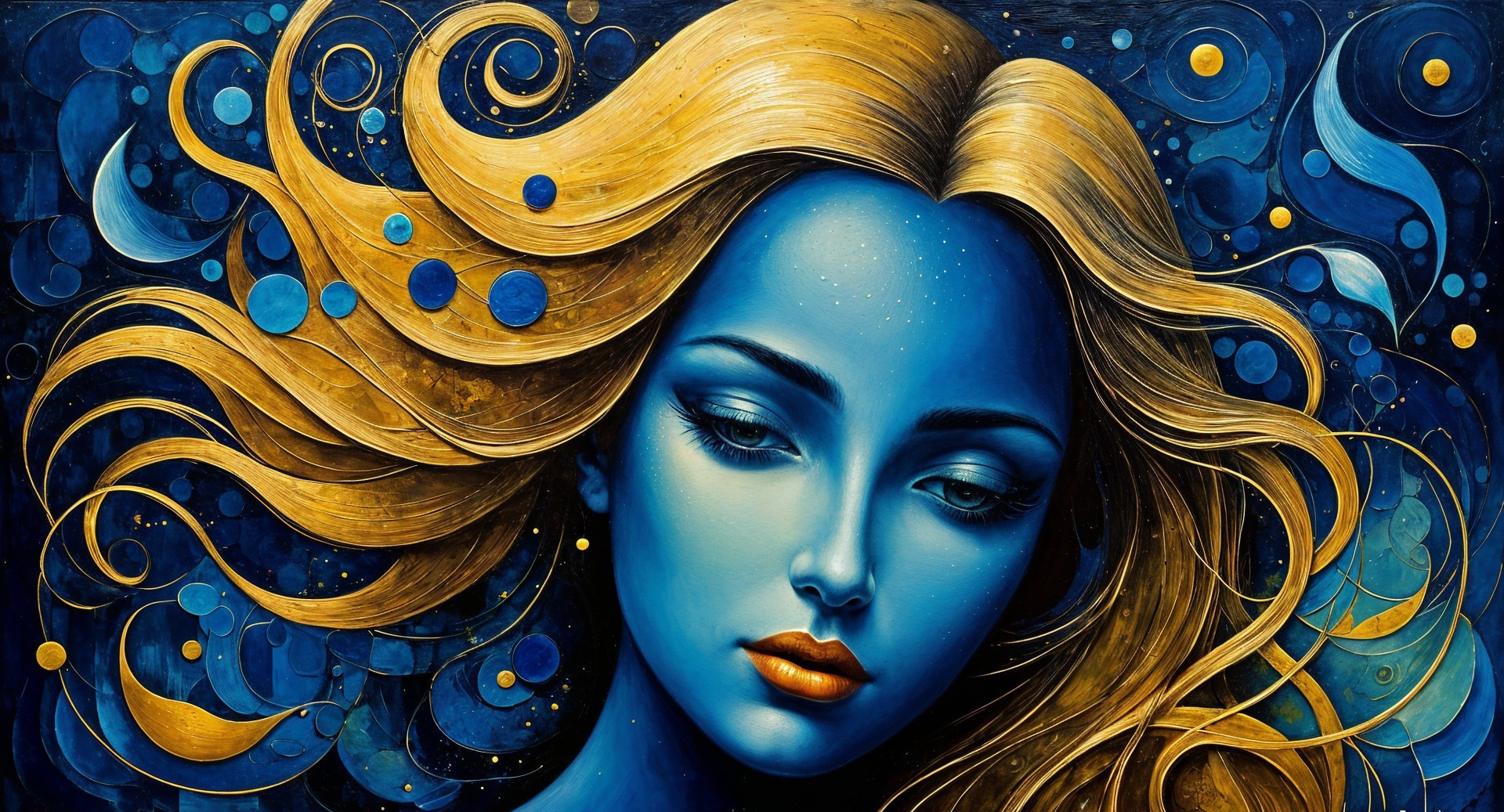 Mystical Portrait of a Woman with Blue Skin and Gold Hair