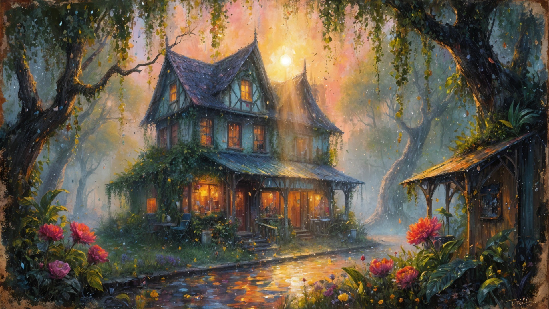 Charming Whimsical House in a Misty Forest at Sunset