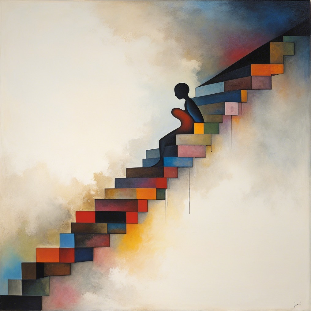 Abstract Oil Painting of Silhouetted Figure on Stairs