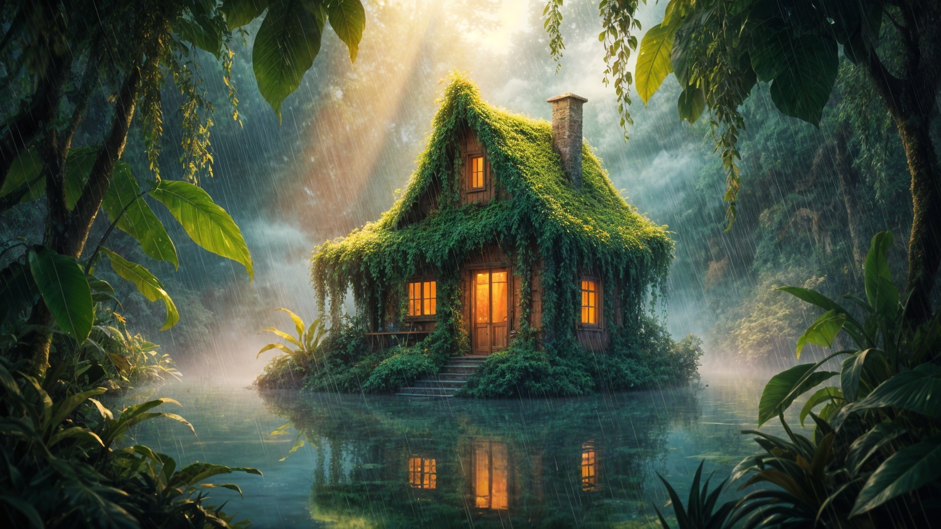 Charming Cottage in Lush Verdant Landscape with Mist
