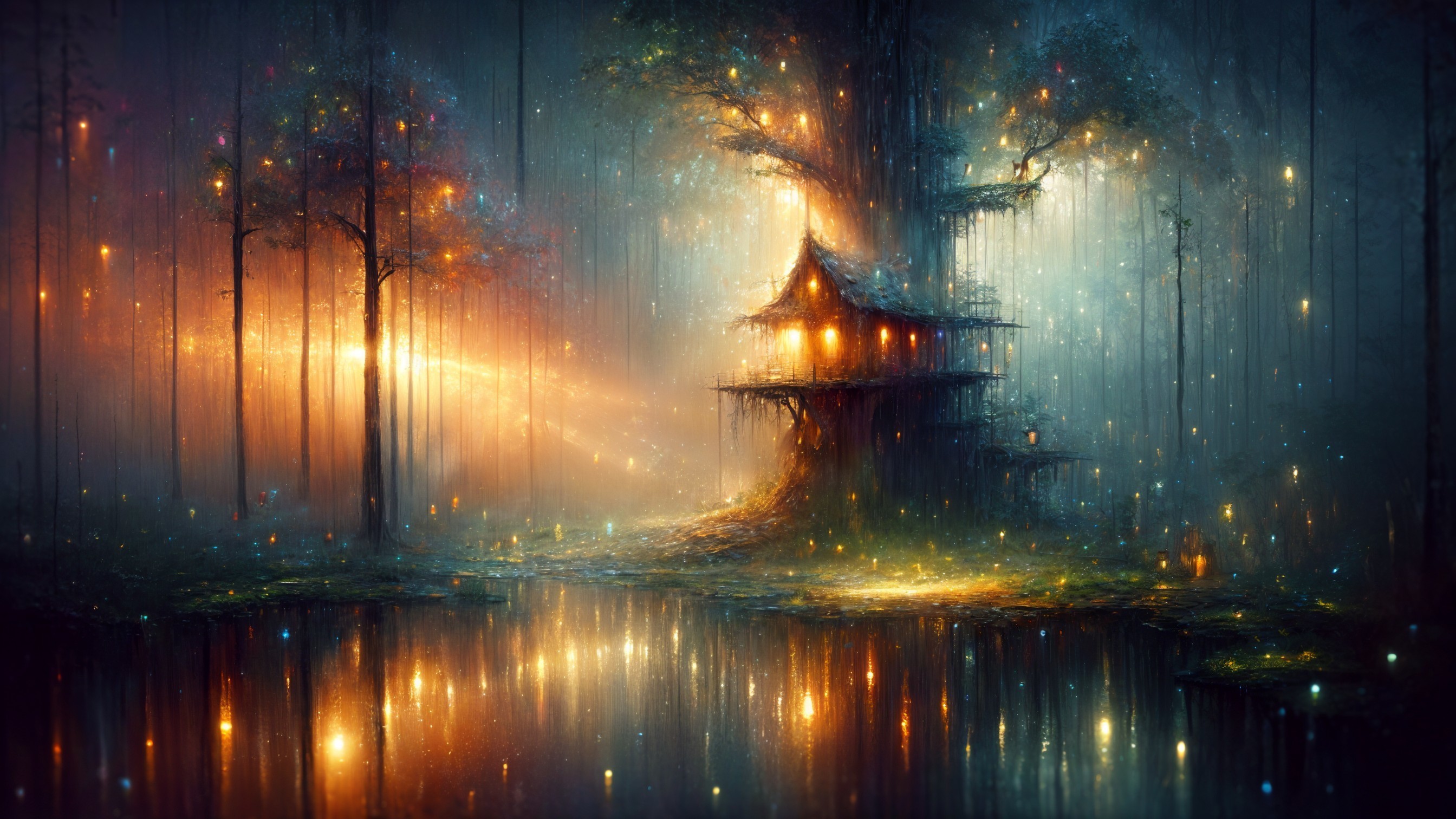 Mystical Treehouse Scene with Glowing Lights and Fog