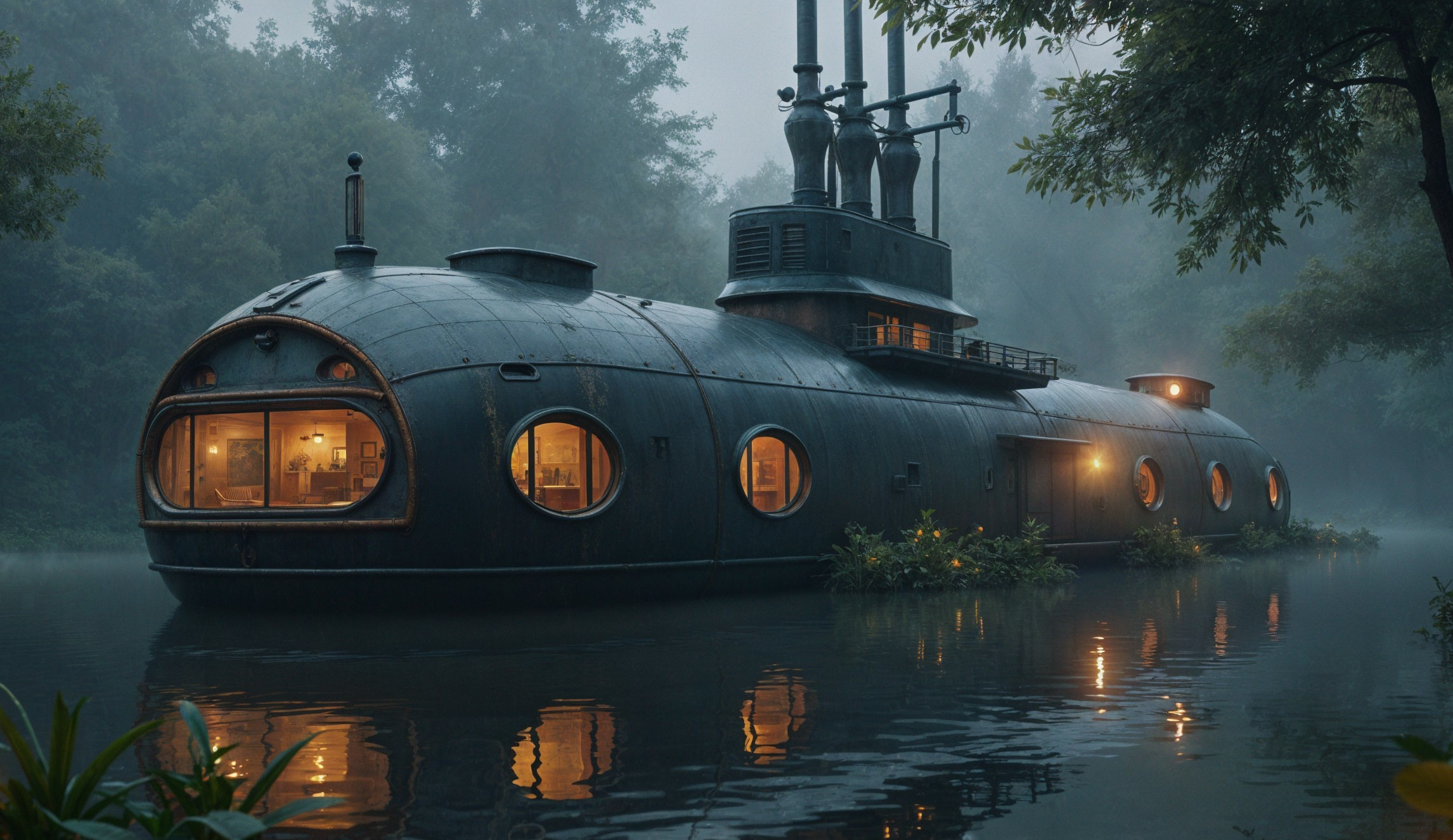 Futuristic Submarine-Shaped House on Foggy Water