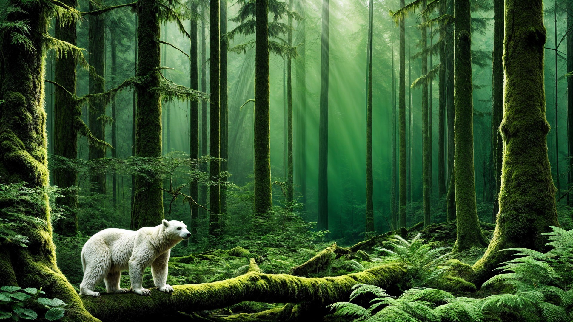 Polar Bear in a Lush Forest Setting with Sunlight