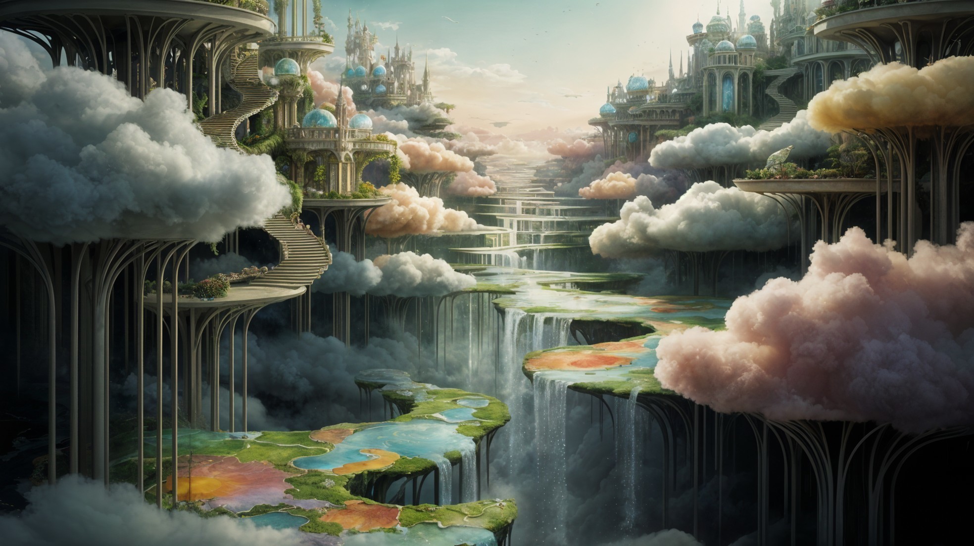 Fantastical Landscape with Floating Islands and Waterfalls