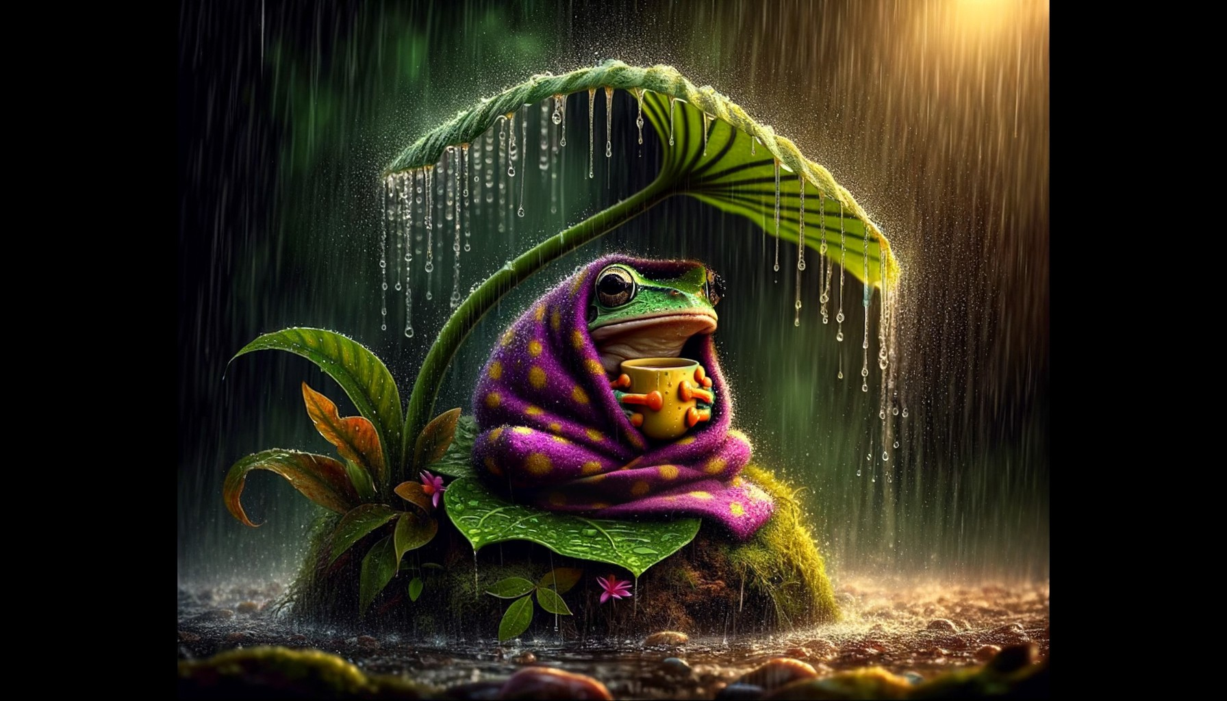 Frog Sheltered by Leaf in Rain