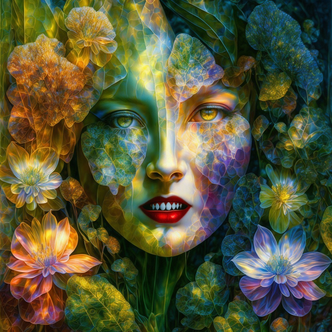 Colorful floral portrait blending with a woman's face