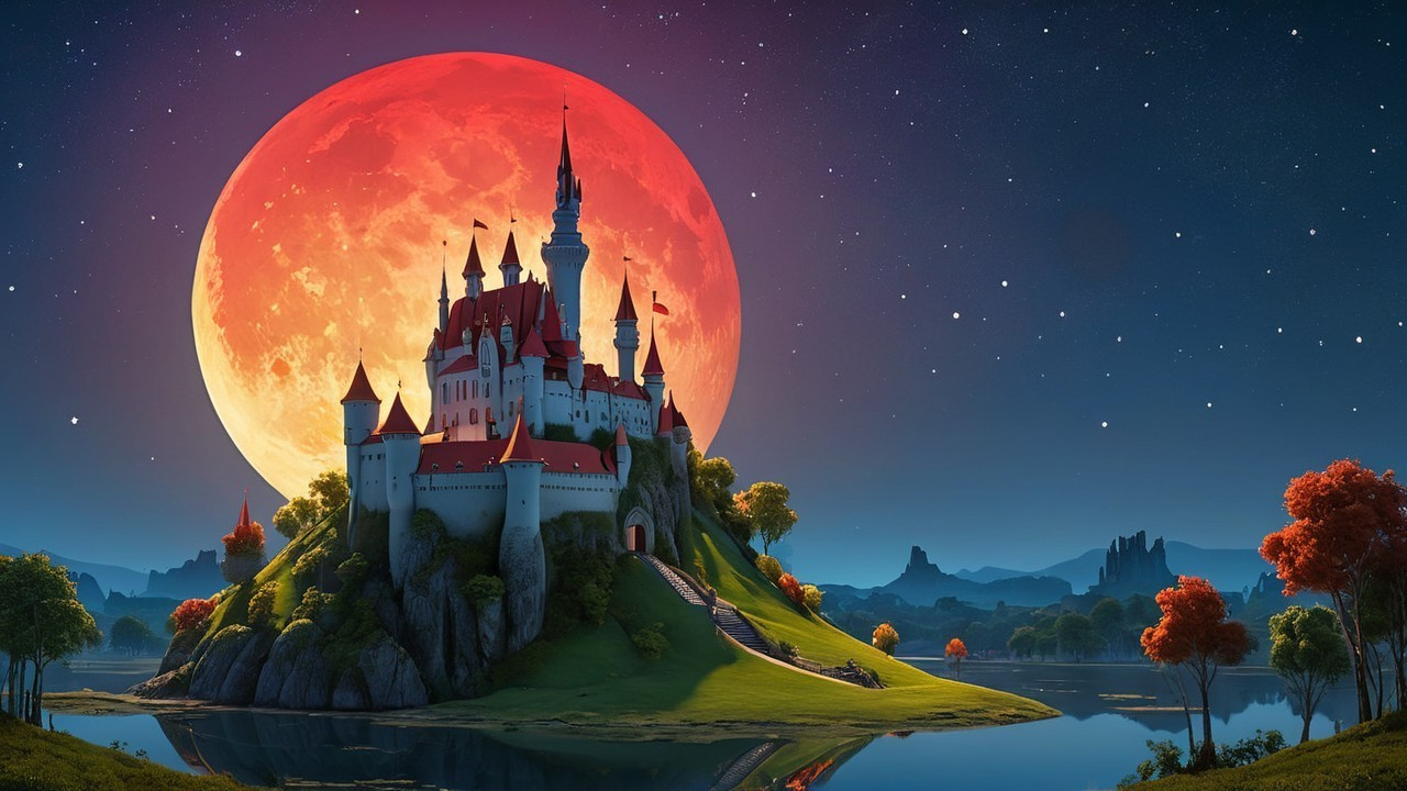 Fairytale Castle on Hill with Lake and Moonlight