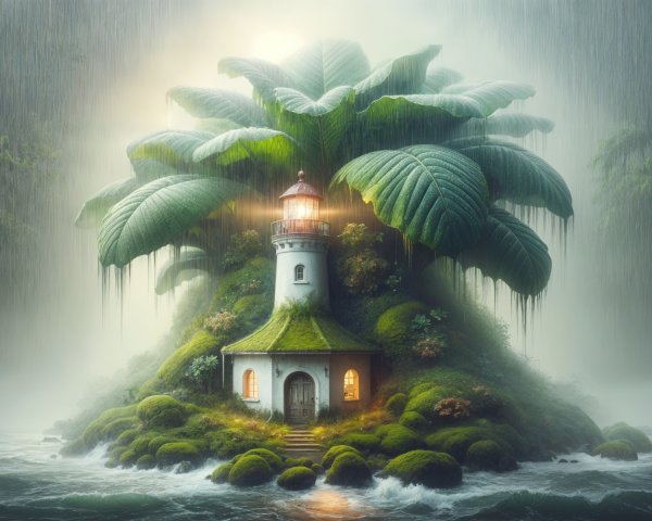Whimsical Lighthouse on a Lush Green Island