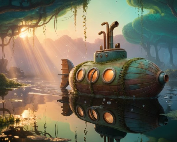 Whimsical Submarine on a Serene Mirrored Lake