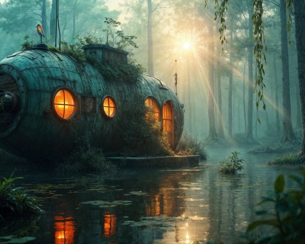 Whimsical Round House by Serene Pond in Misty Forest