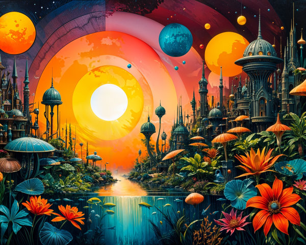 Surreal Landscape with Futuristic Architecture and Flora