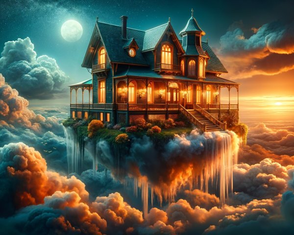 Victorian Mansion Above Swirling Sunset Clouds