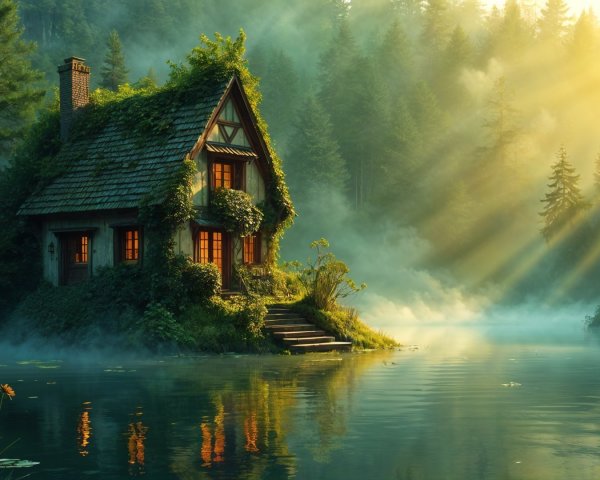 Charming Cottage by a Serene Misty Lake