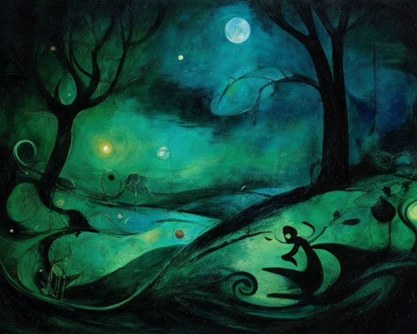 Ethereal landscape with mystical trees and orbs
