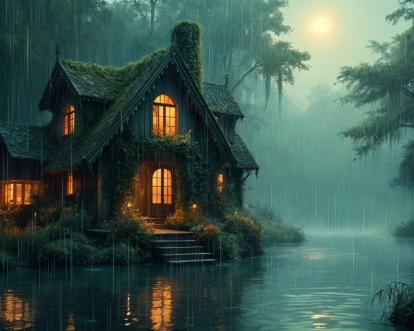 Ivy-Covered Cottage by a Misty Lake at Night