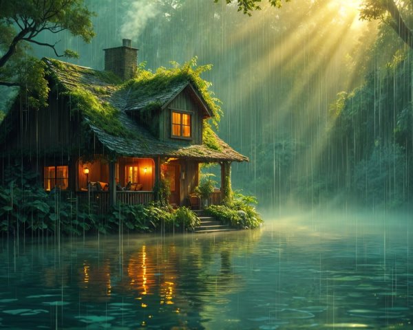 Moss-Covered Cottage by Tranquil Lake in Misty Landscape