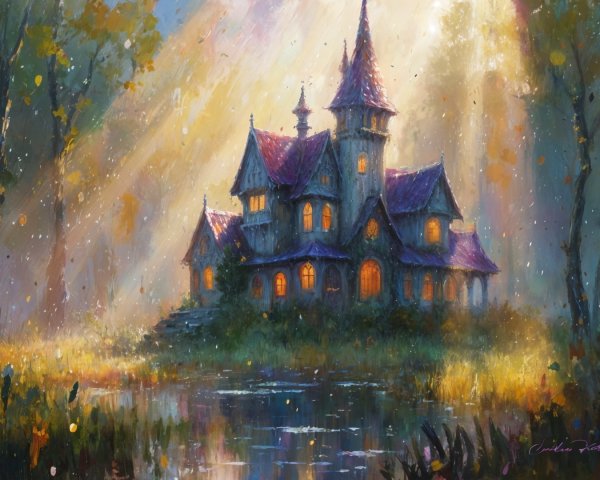 Whimsical House by Serene Pond in Golden Light