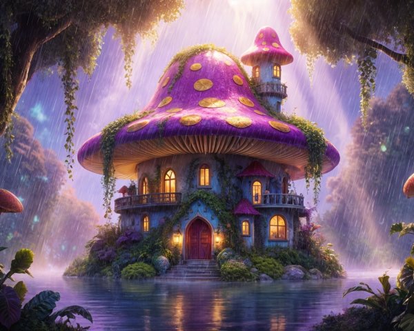 Whimsical Mushroom-Shaped Cottage by Serene Water
