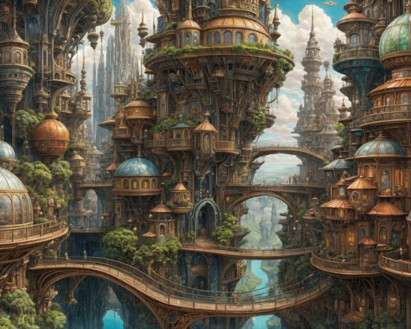 Fantastical cityscape with vibrant structures and greenery