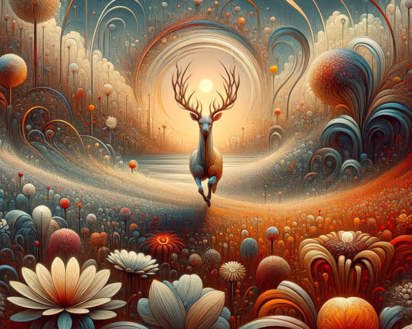 Majestic deer in a whimsical flower-filled landscape