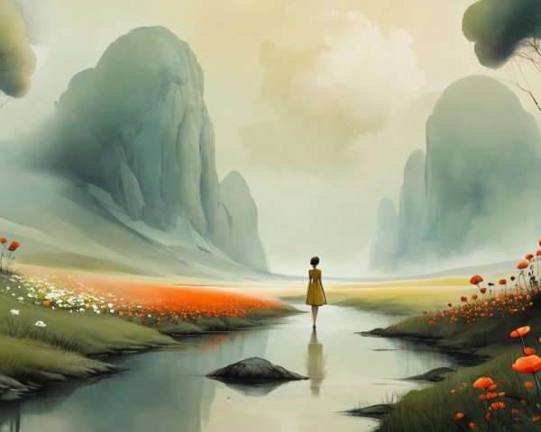 Serene Landscape with Hills and Vibrant Flowers