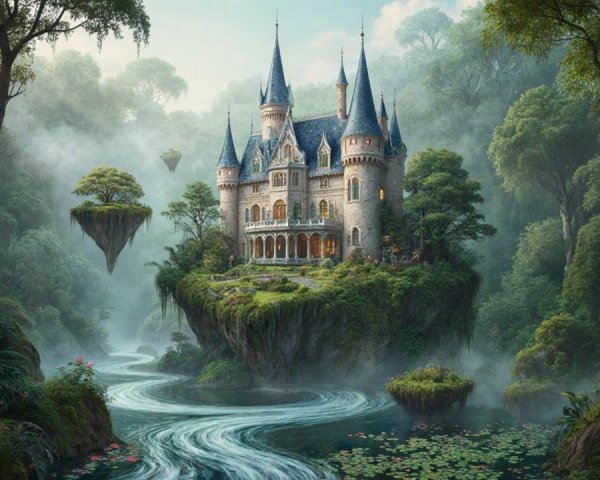 Whimsical Castle on a Lush Green Island Landscape