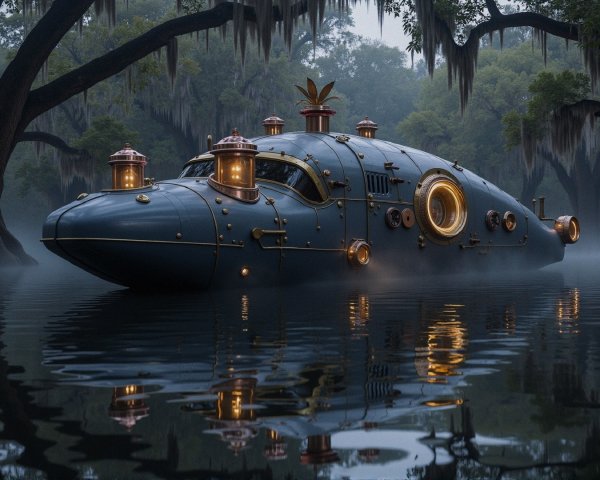 Vintage submarine on a misty river with trees