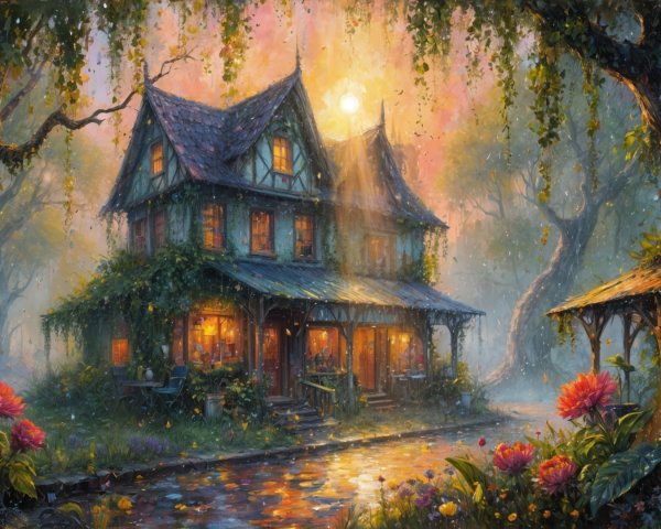 Charming Whimsical House in a Misty Forest at Sunset