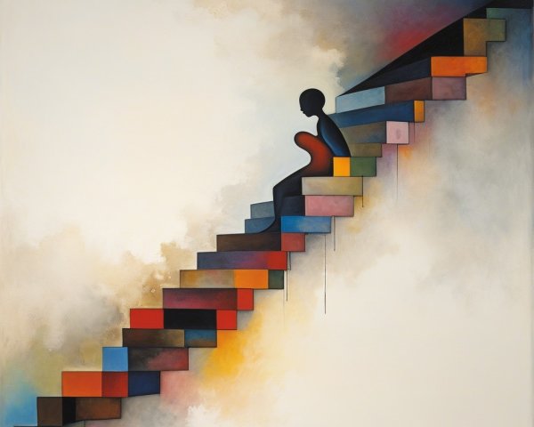 Abstract Oil Painting of Silhouetted Figure on Stairs