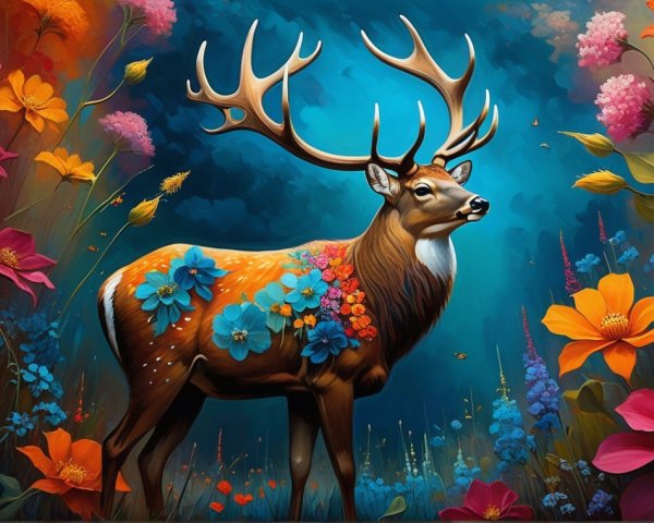 Majestic deer in a colorful, vibrant landscape
