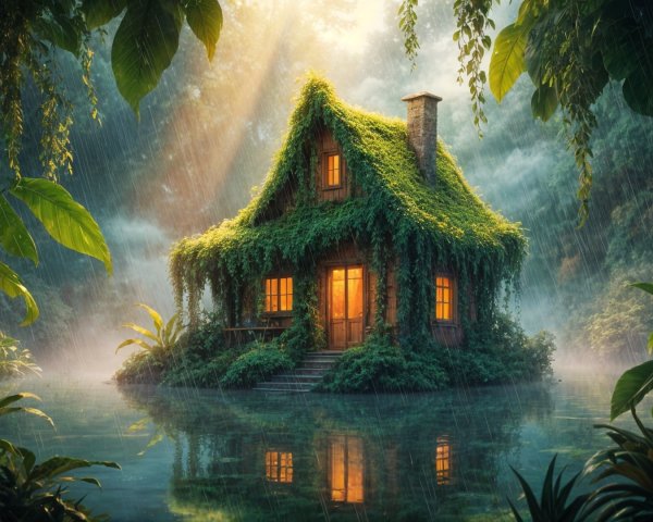 Charming Cottage in Lush Verdant Landscape with Mist