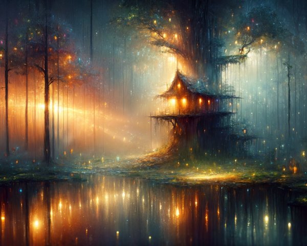 Mystical Treehouse Scene with Glowing Lights and Fog