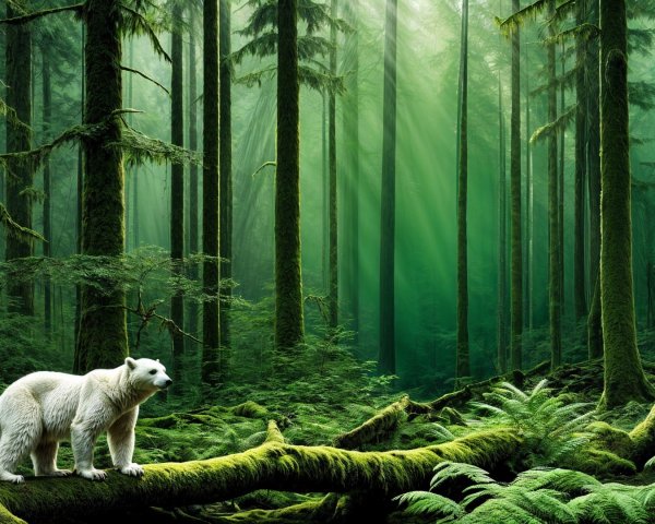 Polar Bear in a Lush Forest Setting with Sunlight
