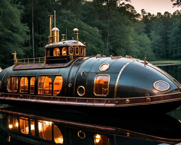 Steampunk Houseboat on a Tranquil River at Dusk