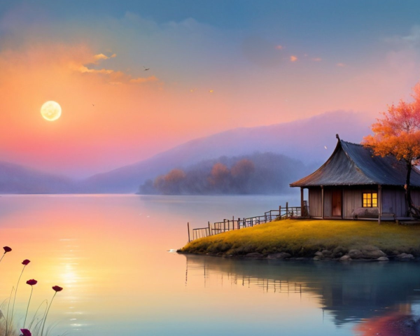 Serene Sunrise Landscape with Tranquil Lake and Hut